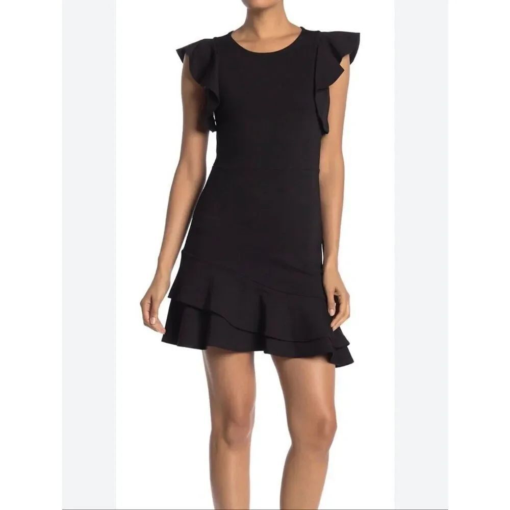 Rebecca Minkoff Saphira Linen Blend Ruffle Trim Dress Black Women’s Size 2